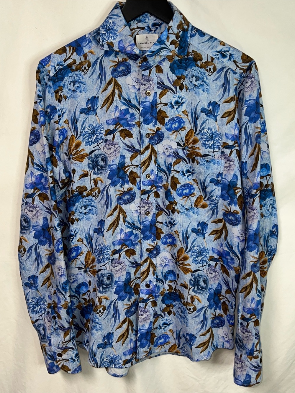 Emanuel Berg Floral Long Sleeve Button Down Shirt Men Small 15 Modern Blue NWOT